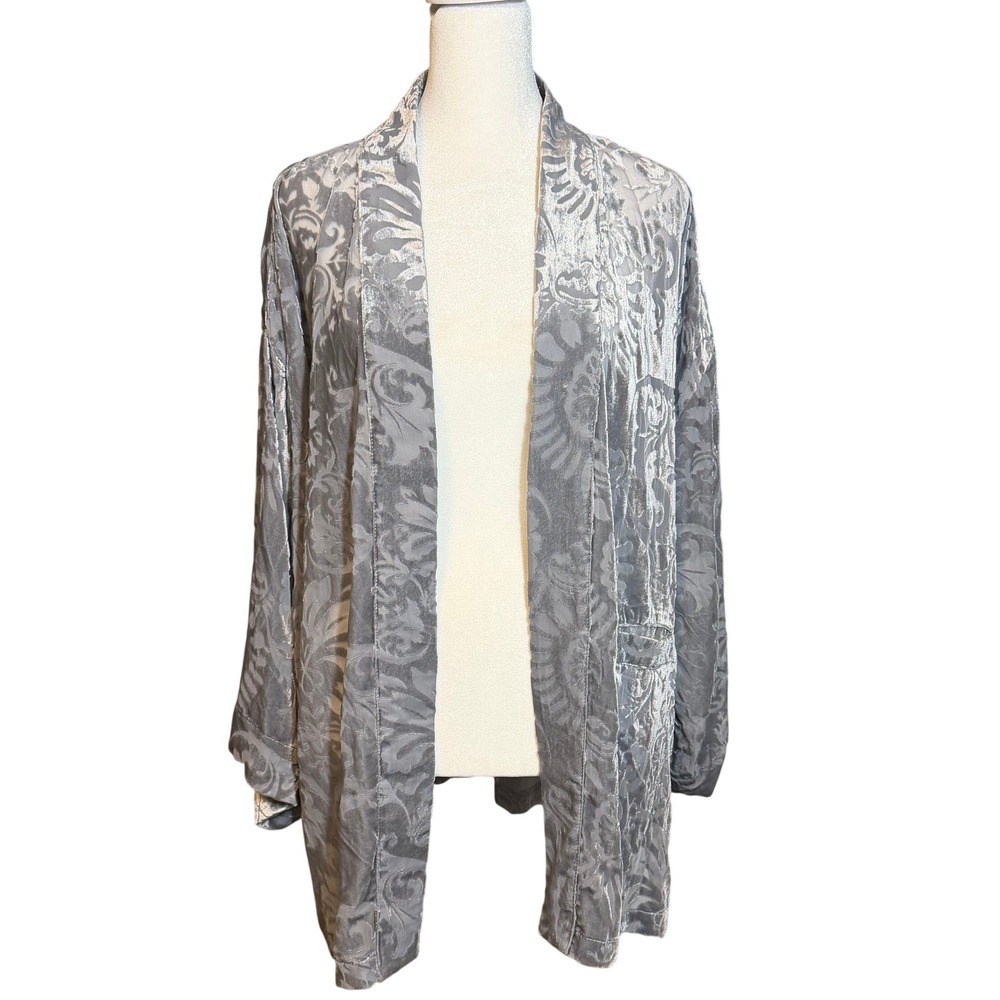 Coldwater Creek Velvet Burnout Kimono Cardigan Silver Grey Damask Whimsigoth L